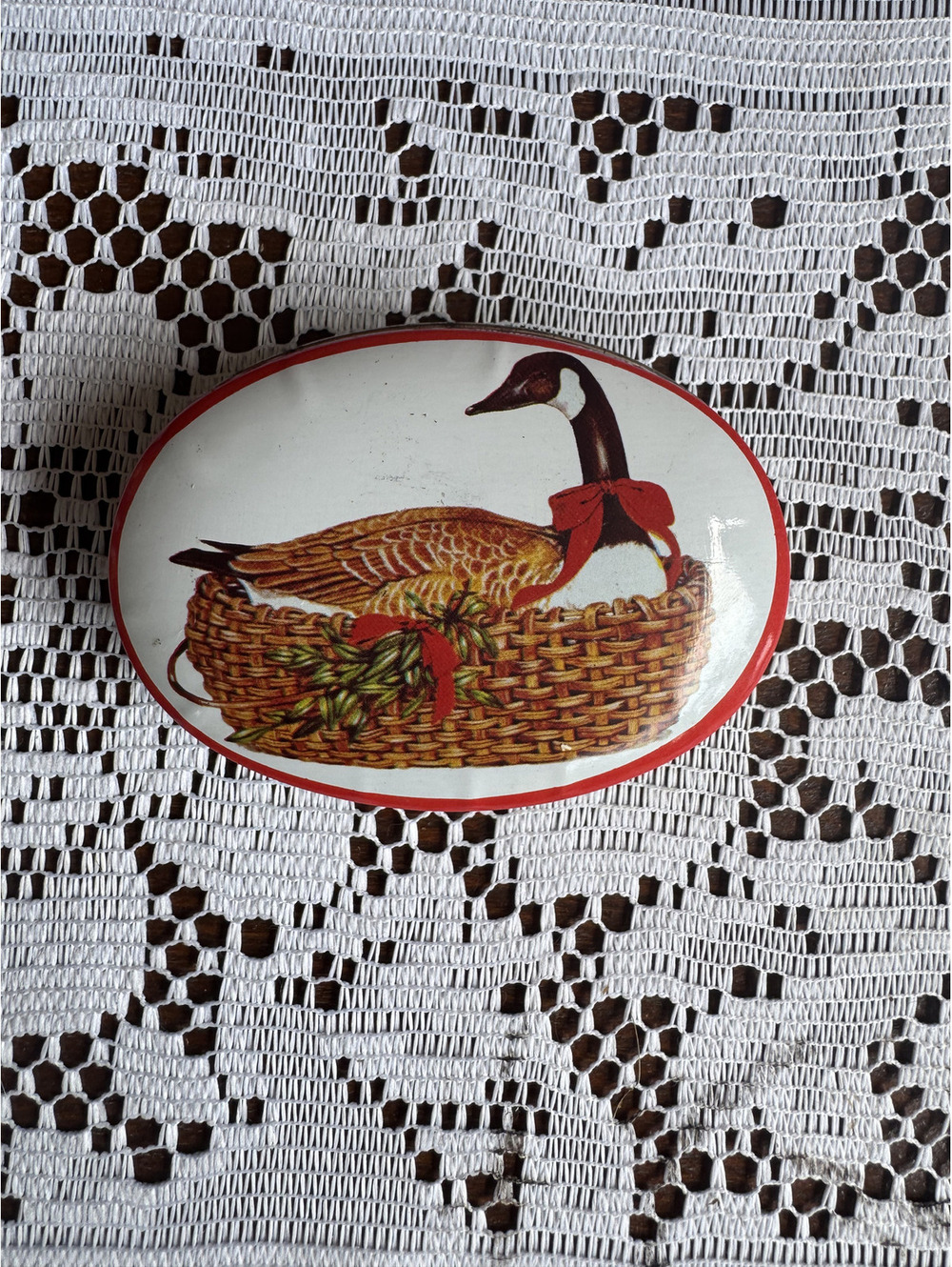 Vintage Schmid 1984 Garden Frasier Oval Tin Box with Goose Design